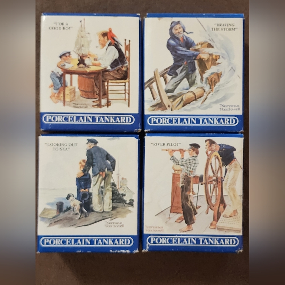 Norman Rockwell 1985 Collectors Porcelain Tankard Set w/ Nautical Illustrations
